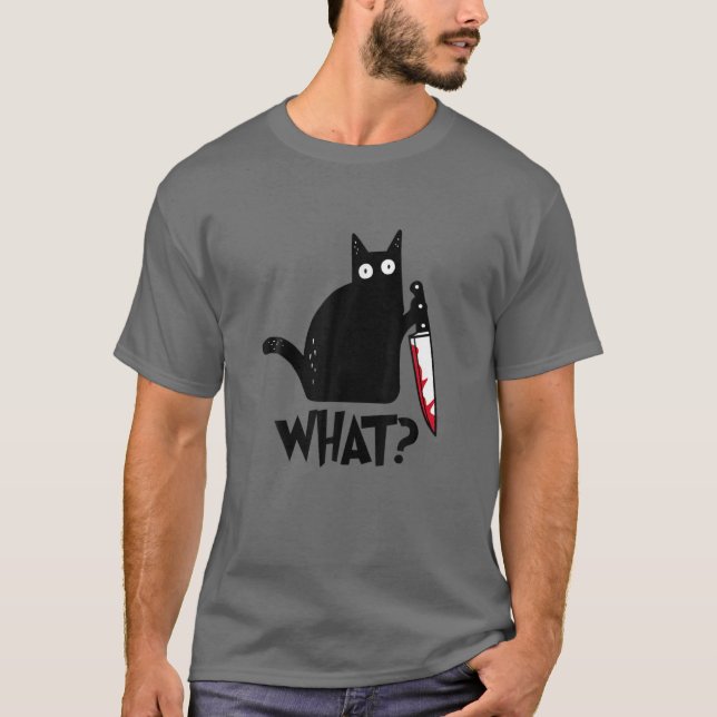 Cat What? Mörkt svart katt med Knivar Halloween T Shirt (Framsida)