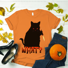 Cat What? Mörkt svart katt med Knivar Halloween T Shirt