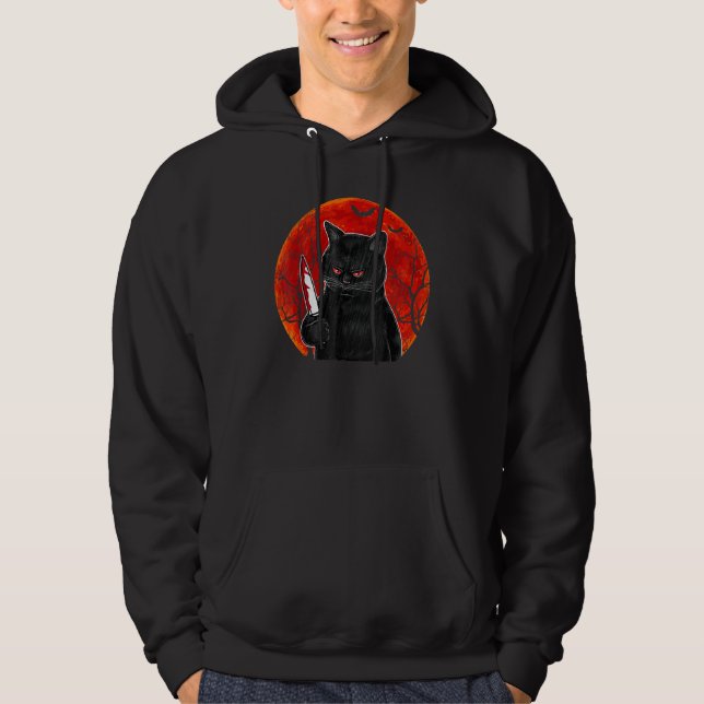 Cat What  Murderous Black Cat With Knife Halloween Hoodie (Framsida)