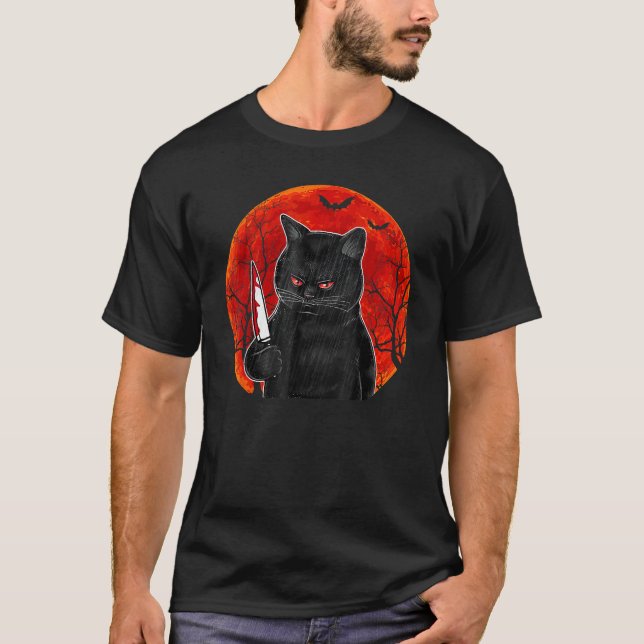 Cat What  Murderous Black Cat With Knife Halloween T Shirt (Framsida)