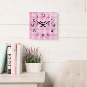 Cat Whiskers on Rosa and White Gingham Fyrkantig Klocka