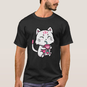Cat White Kitten Drinking Strawberry Mjölk Anime M T Shirt