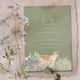 Cat Wildblommor GRÖNT Neutralt Baby Shower Inbjudningar