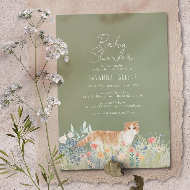 Cat Wildblommor | GRÖNT | Neutralt Baby Shower Inbjudningar (Skapare uppladdad)