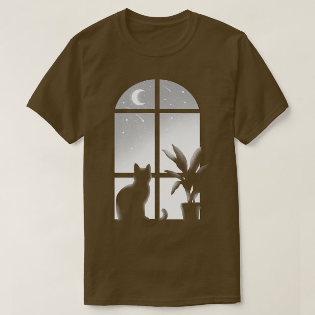 Cat window Kattunge tittar stjärnor oändliga natte T Shirt (Design framsida)