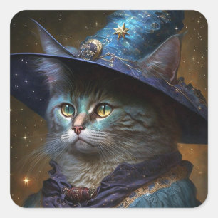 Cat Witch Fantasy Art Fyrkantigt Klistermärke