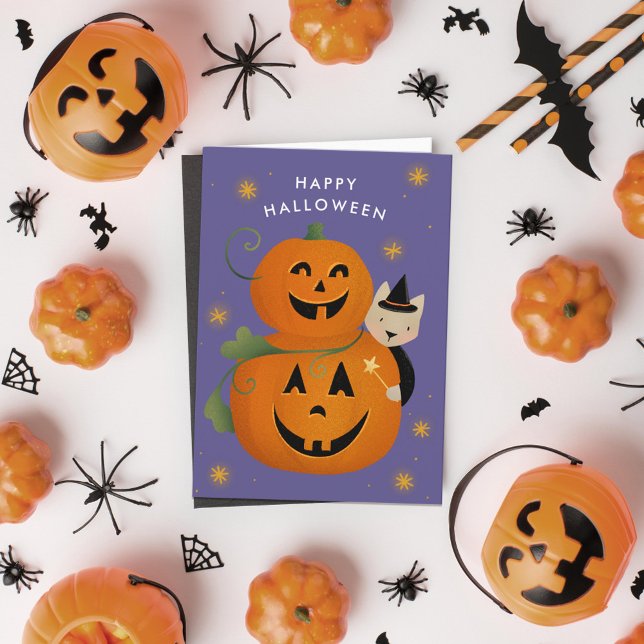 Cat Witch Jack o lantern Klipp ut Kids Halloween Anteckningskort (Skapare uppladdad)