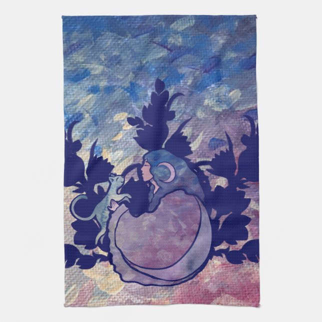 Cat Witch Måne Goddess Wiccan Kökshandduk (Vertikal)