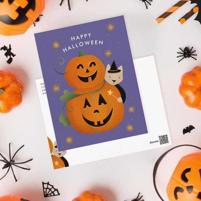 Cat witch och Jack o lantern mellan Happy hallowee Helg Vykort (Skapare uppladdad)