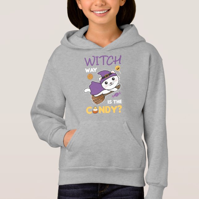 Cat Witch Witch Way Is The Candy Happy Halloween T Shirt (Framsida)