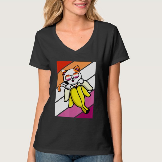 Cat With Banana Pride Lesbian Flag LGBTQ Proud All T Shirt (Framsida)