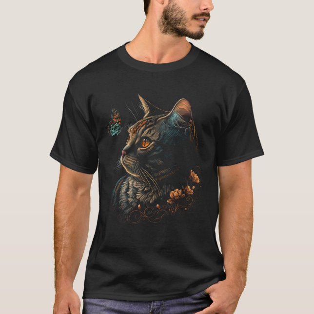 Cat With Butterfly Black Cat Butterfly T Shirt (Framsida)