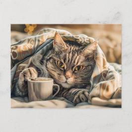 Cat with coffee and book in cozy blanket helg vykort