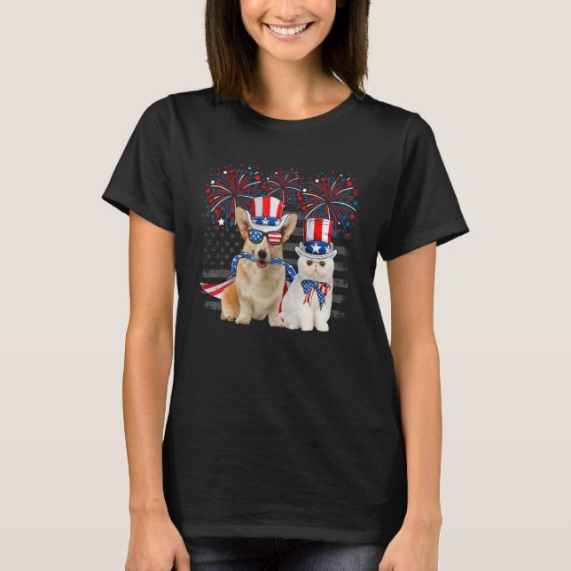 Cat With Corgi Sunglasses American Flag 4th Of Jul T Shirt (Framsida)
