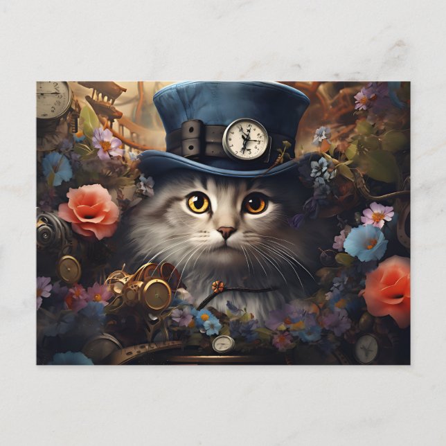 cat with Cylinder and flowers in steam Punk Style Vykort (Framsida)