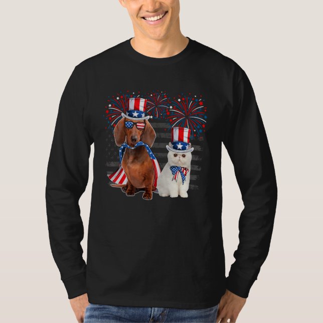 Cat With Dachshund Sunglasses American Flag 4th Of T Shirt (Framsida)