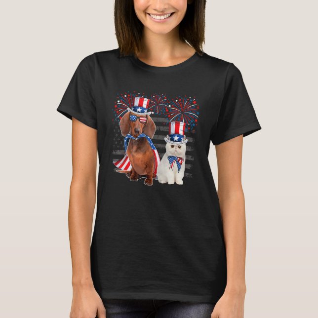 Cat With Dachshund Sunglasses American Flag 4th Of T Shirt (Framsida)