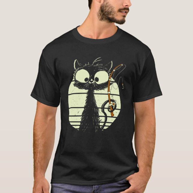 Cat With Fishing Rod Fishing Cat Cute Cat T Shirt (Framsida)