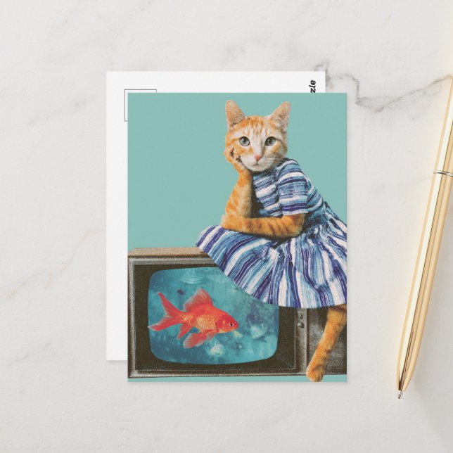 Cat With Goldfish on TV Retro Collage Vykort (Fram/Back In Situ)