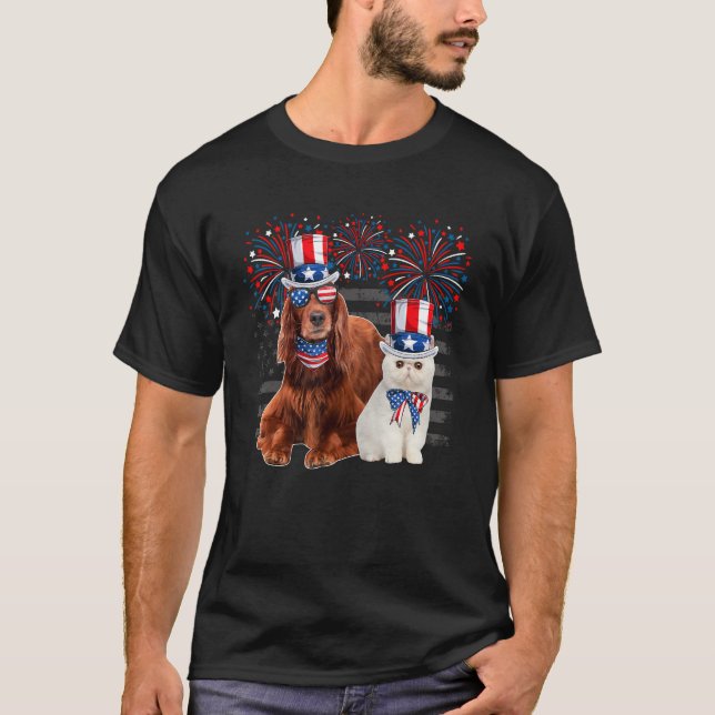 Cat With Irish Setter Sunglasses American Flag 4th T Shirt (Framsida)