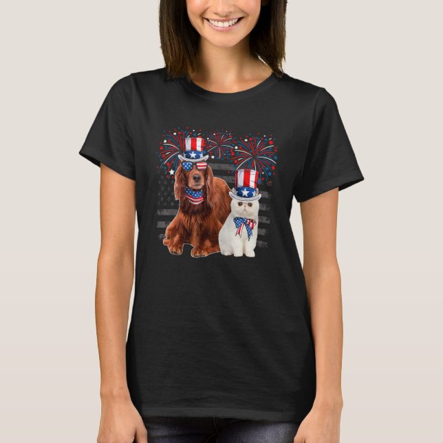Cat With Irish Setter Sunglasses American Flag 4th T Shirt (Framsida)