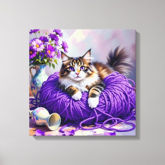 Cat with Purple Eyes in Purple Yarn and Flowers Canvastryck (Framsida)