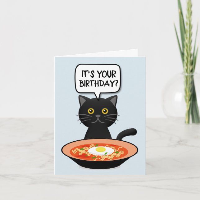 CAT WITH RAMEN NOODLES BIRTHDAY CARD TACK KORT (Framsida)
