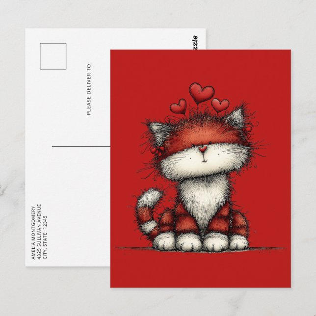 Cat with Red Hearts Cute and Fun Vykort (Fram/baksida)
