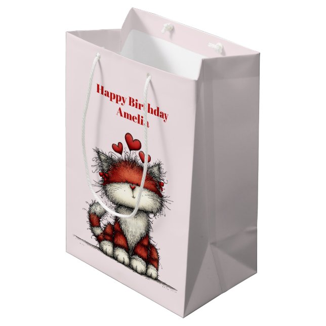 Cat with Red Love Hearts Cute and Funny Birthday (Framsidan Vinklad)
