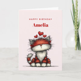 Cat with Red Love Hearts Cute and Funny Birthday Kort