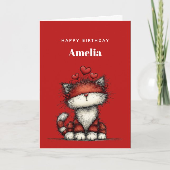 Cat with Red Love Hearts Cute and Funny Birthday Kort (Framsida)
