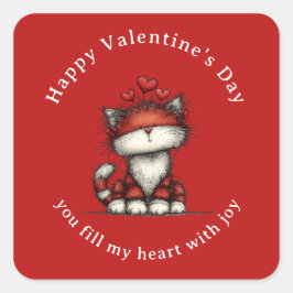 Cat with Red Love Hearts Cute Fun Valentine's Day Fyrkantigt Klistermärke