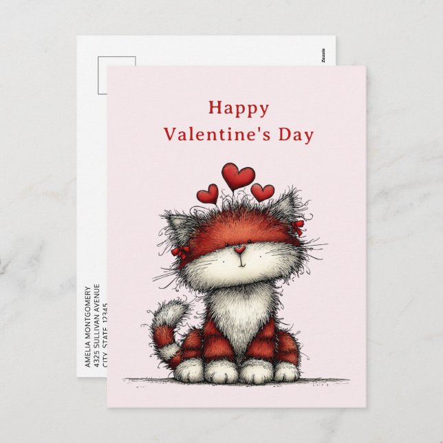 Cat with Red Love Hearts Cute Fun Valentine's Day Helg Vykort (Fram/baksida)