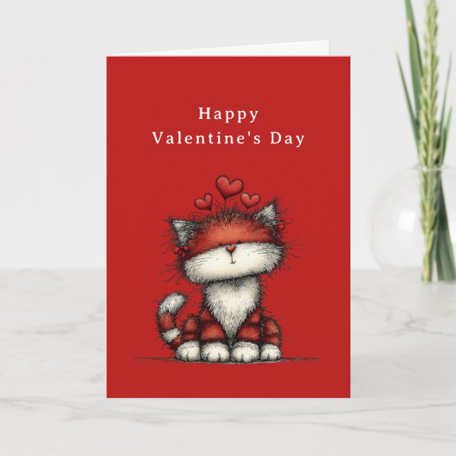 Cat with Red Love Hearts Cute Fun Valentine's Day Helgkort (Framsida)