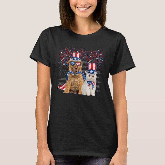Cat With Shar Pei Sunglasses American Flag 4th Of  T Shirt (Framsida)