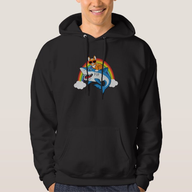 Cat With Sunglasess Riding Shark Rainbow For Cat Hoodie (Framsida)