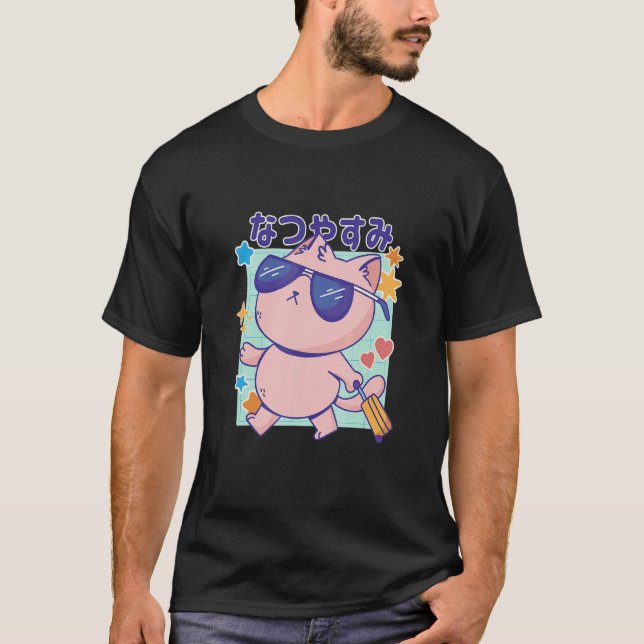 Cat with Sunglasses and Japanese Quote Summer Holi T Shirt (Framsida)