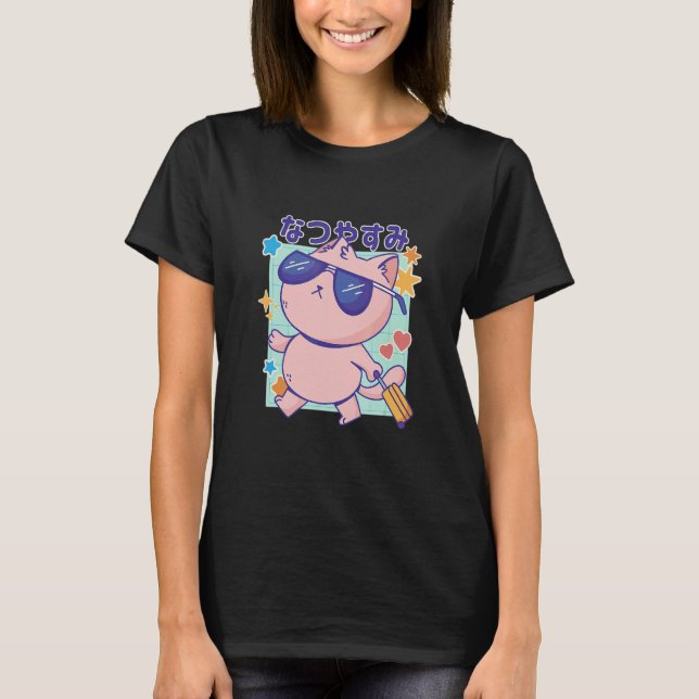 Cat with Sunglasses and Japanese Quote Summer Holi T Shirt (Framsida)