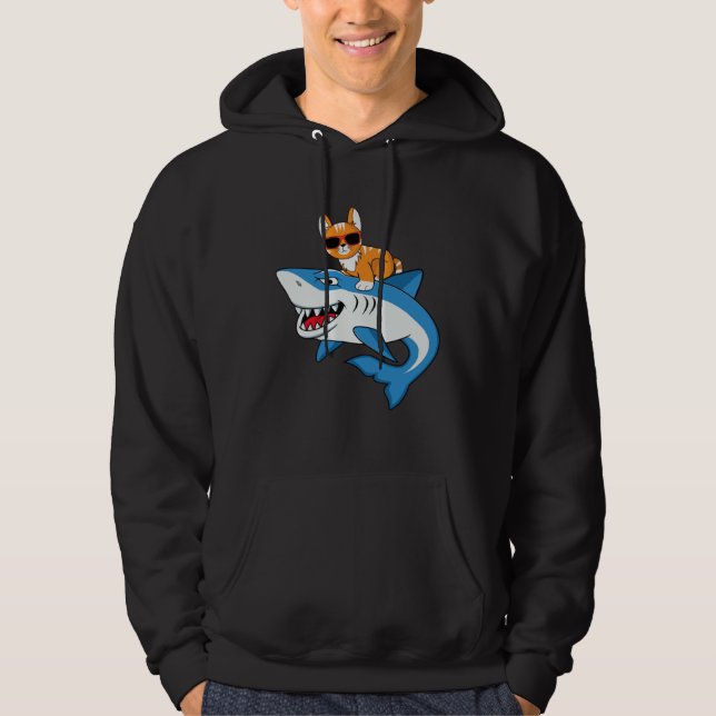 Cat With Sunglasses Riding Shark  Cat Tee Cat Grap Hoodie (Framsida)
