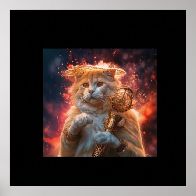 Cat Wizard With Magic Staff Amidst Flames Poster (Framsidan)