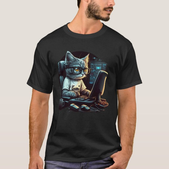 Cat Work On Computers wearing glasses Computer Ner T Shirt (Framsida)