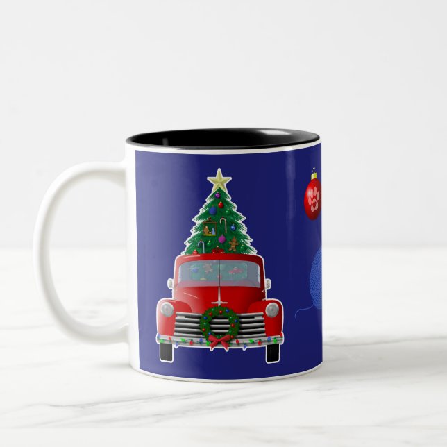 Cat Yarn Christmas Tree Little Red Truck Två-Tonad Mugg (Vänster)