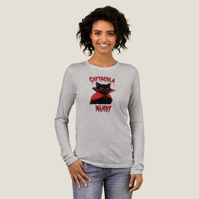 Catacula Black Vampire Cat Halloween T Shirt (Hel framsida)