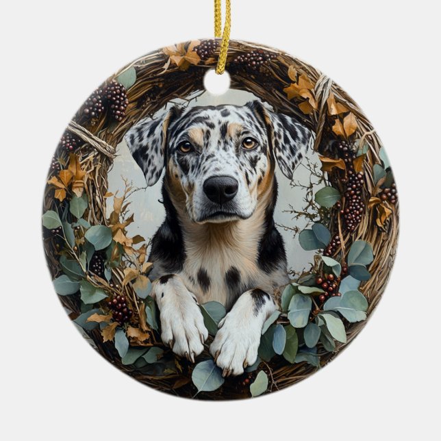 Catahoula Leopard Dog Wreath Julgransprydnad Keramik (Framsidan)