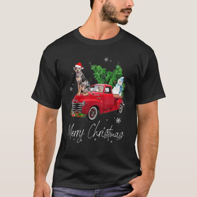 Catahoula Leopard Hund Riding Red Lastbil jul T Shirt (Framsida)