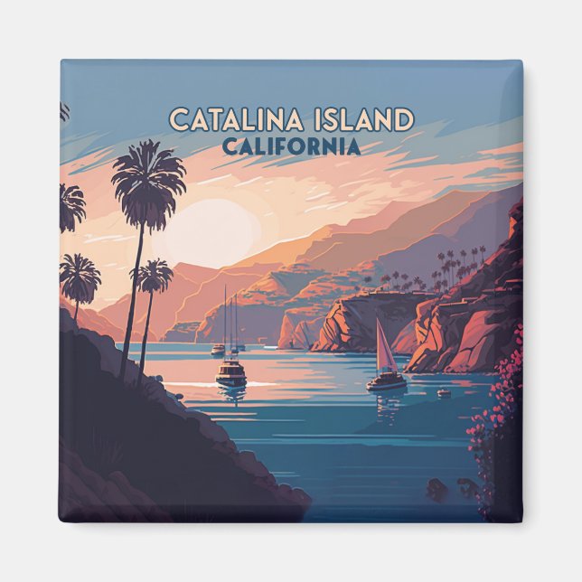 Catalina Island California Boats Sunset Retro Magnet (Framsidan)