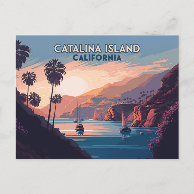 Catalina Island California Boats Sunset Retro Vykort (Framsida)