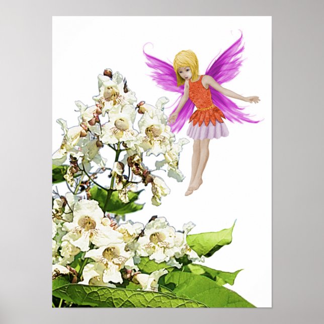 Catalpa Träd Fairy bredvid Flowers Poster (Framsidan)
