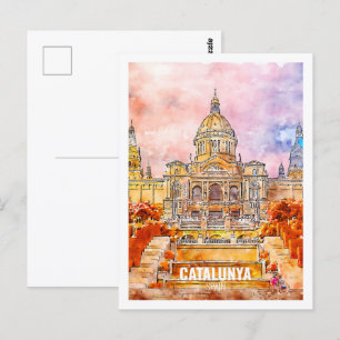 Catalunya Spain Berömd Travel Watercolor Sketch Vykort
