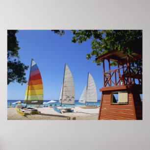 Catamarans och livräddarestativ på strand poster